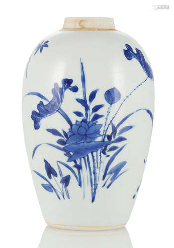 A BLUE AND WHITE DECORATED OVOID LOTOS VASE