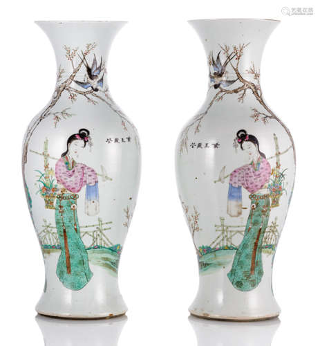 A PAIR OF FAMILLE ROSE BALUSTER VASES WITH LIN DAIYU