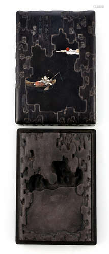 A WELL CARVED AND INSCRIBED INK STONE IN A FINELY CARVED AND INLAID HARDWOOD BOX AND COVER