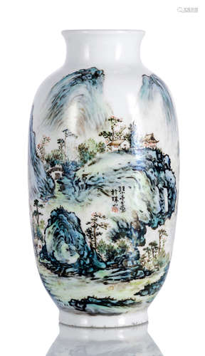 A PORCELAIN LANTERN VASE WITH A LANDSCAPE DECORATION