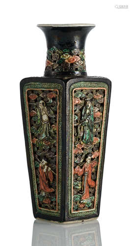 A FAMILLE NOIRE BALUSTER 'EIGHT IMMORTALS' VASE OF SQUARE SHAPE WITH OPENWORK DECOR