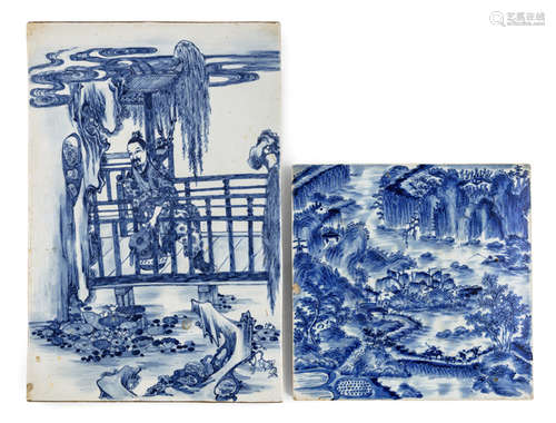 TWO UNDERGLAZE BLUE PORCELAIN PANELS DEPICTING A LANDSCAPE AND A SCHOLAR SITTING BY HIS POND