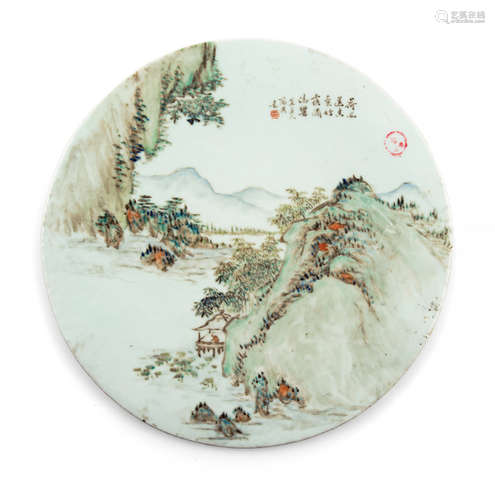 A PAINTED PORCELAIN LANDSCAPE PANEL IN THE STYLE OF CHENG MEN