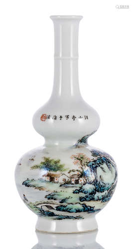 A PAINTED PORCELAIN LANDSCAPE VASE IN THE STYLE OF WANG XIAOTING