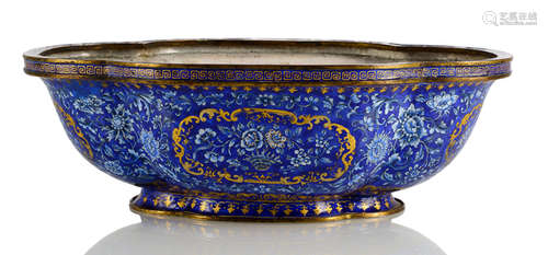 A FOUR-LOBED LARGE CANTON ENAMEL JARDINIERE WITH FLORAL DECOR ON BLUE GROUND