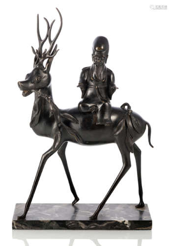 A LARGE BRONZE CENSER IN FORM OF SHOULAO RIDING A DEER