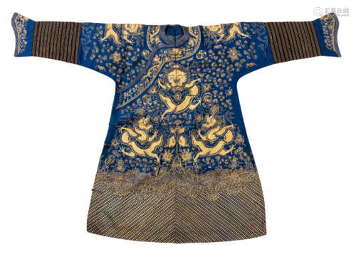 A BLUE SILK GAUZE ROBE WITH COUCHED EMBROIDERY DEPICTING EIGHT DRAGONS