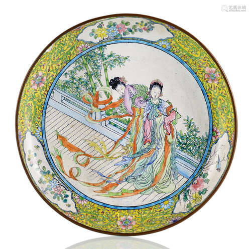 A CANTON ENAMEL DISH WITH LADIES ON A TERRACE