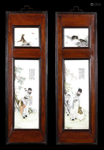 FOUR PAINTED PORCELAIN PANELS FRAMED AS A PAIR IN WOODEN FRAMES