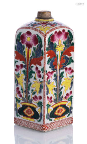 A POLYCHROME PAINTED FLOWER PORCELAIN BOTTLE OF SQUARE CROSS SECTION