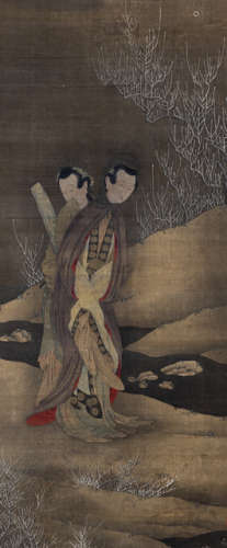 AN ANONYMOUS PAINTING OF TWO LADIES IN A SNOW LANDSCAPE