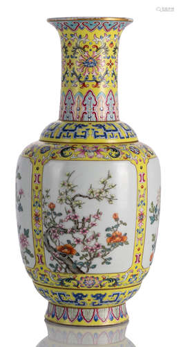 A YELLOW-GROUND FAMILLE ROSE VASE