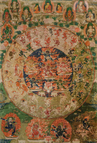 A FINE THANGKA OF THE MANDALA OF THE 58 WRATHFUL DEITIES OF THE BARDO