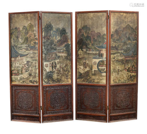 A FOUR-PART HARDWOOD FOLDING SCREEN WITH PAINTINGS OF LITERARY SCENES