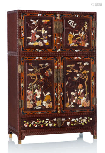 A FINE CINNABAR LACQUER AND HARDWOOD IMMORTAL CABINET