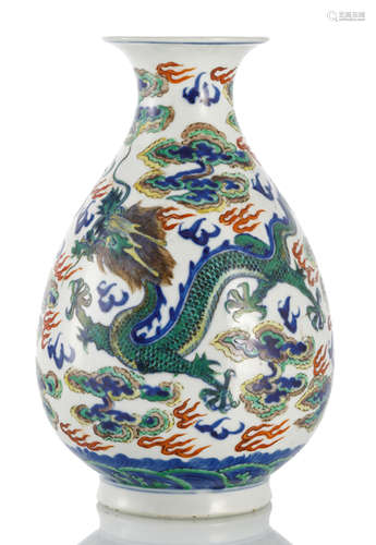 A FINE DOUCAI DRAGON BOTTLE VASE