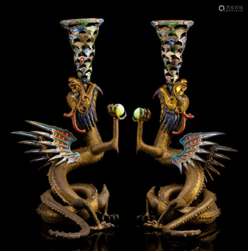 A PAIR OF PARCEL-GILT BRONZE CLOISONNÉ-ENAMEL DRAGONS