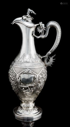 A FINE AND RARE EXPORT SILVER EWER AND COVER WITH DRAGON HANDLE