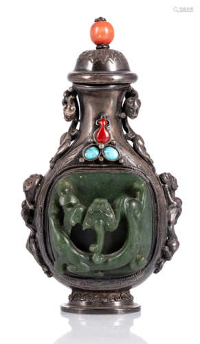 A LARGE SILVER BOTTLE INLAID WITH JADE CARVINGS OF CROUCHING DRAGONS