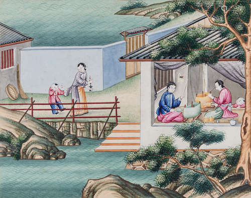 A GROUP OF TEN PAINTINGS DEPICTING THE SILK PRODUCTION