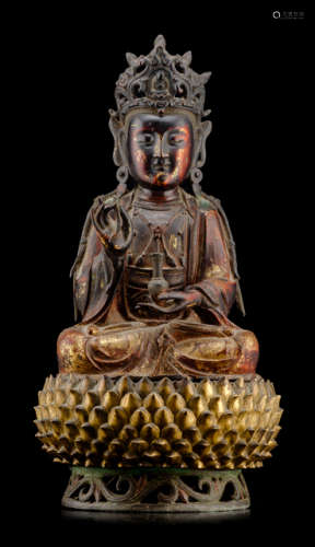 A GILT- AND RED-LACQUERED BRONZE FIGURE OF GUANYIN