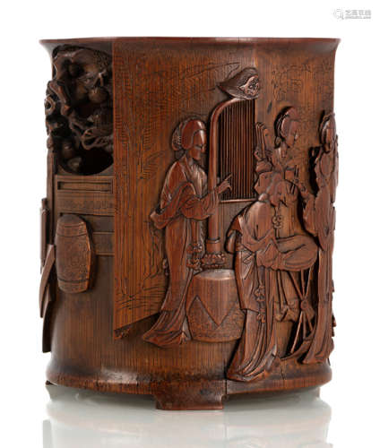 A FINE CARVED BAMBOO BRUSHPOT WITH MUSICIAN LADIES ON A TERRACE