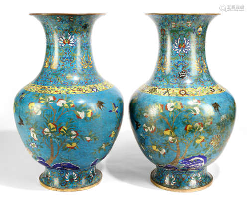A VERY LARGE PAIR OF PART-GILT CLOISONNÉ ENAMEL VASES WITH FRUITS AND FLOWER BRANCHES ON A TURQUOISE-GROUND