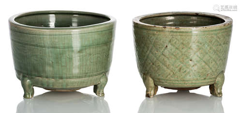 TWO TRIPOD CELADON CENSERS