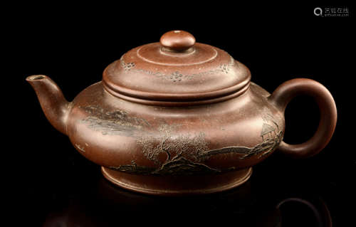 A ZISHA TEAPOT AND COVER WITH LANDSCAPE DECORATION AND FLOWER BRANCHES
