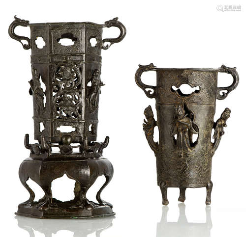 TWO BRONZE BRUSH HOLDERS WITH IMMORTALS