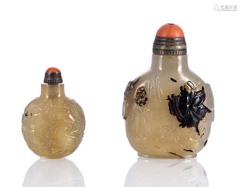 TWO FINE CARVED AGATE SNUFF BOTTLES