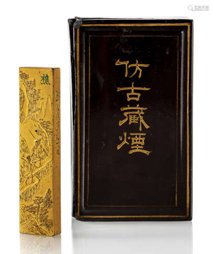A GILT- AND INSCRIBED INK STICK AND A LACQUER CASE
