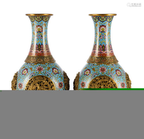 A PAIR OF CLOISONNÉ-ENAMEL PART-GILT REVOLVING BOTTLE VASES