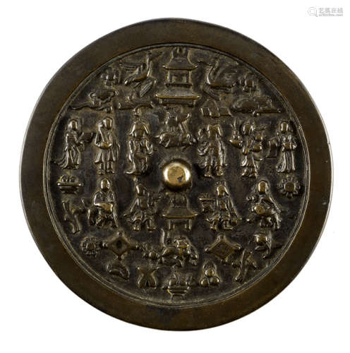 A BRONZE MIRROR WITH FIGURE AND ANIMAL DECOR