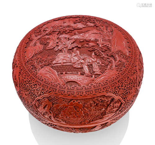 A LARGE CARVED CINNABAR LACQUER BOX AND COVER