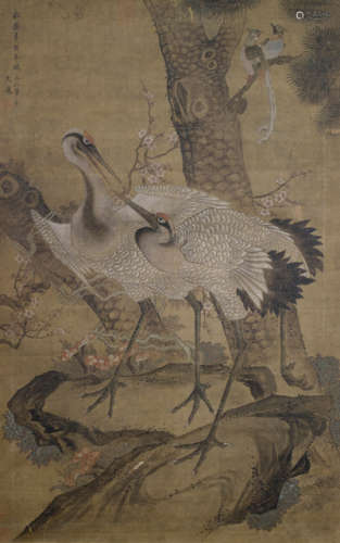 A LARGE PAIR OF ANONYMOUS PAINTINGS ON SILK OF CRANES AND PHOENIX