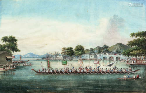 A PAIR OF FINELY PAINTED RICE-PAPER HARBOUR SCENE AND A RACE WITH DRAGON BOATS