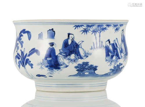 A BLUE AND WHITE PORCELAIN CENSER WITH SCHOLAR'S AND BAMBOO