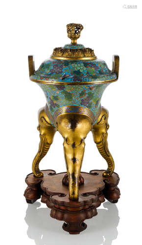 A CLOISONNÉ-ENAMEL TRIPOD CENSER WITH ELEPHANT-HEAD LEGS