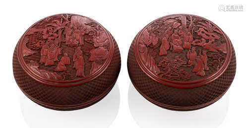 A PAIR OF CINNABAR LACQUER CIRCULAR BOXES AND COVERS