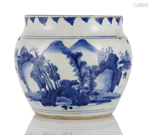 A CACHEPOT WITH LANDSCAPE DECOR IN UNDERGLAZE BLUE