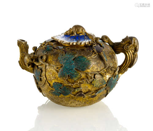 AN UNUSUAL GILT- AND SILVERED COPPER WINEPOT WITH GRAPE AND SQUIRREL DECORATION WITH ENAMELS