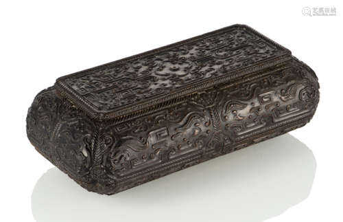 A FINE CARVED ZITAN BOX AND COVER