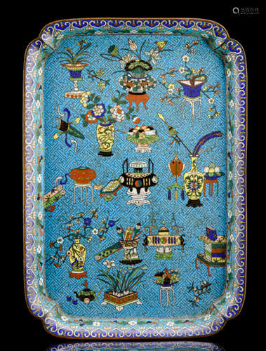 A CLOISONNÉ ENAMEL TRAY WITH FLOWER VASES AND ANTIQUES