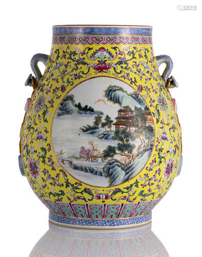 A HU-SHAPED FAMILLE ROSE VASE WITH RUYI HANDLES