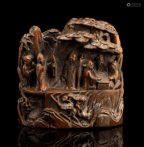 A GOOD CARVED BOXWOOD BRUSHREST IN SHAPE OF A ROCK WITH SCHOLAR'S AND PINE