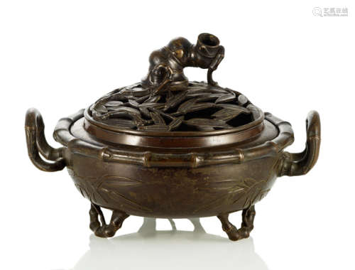 A BRONZE CENSER AND COVER WITH BAMBOO DECOR