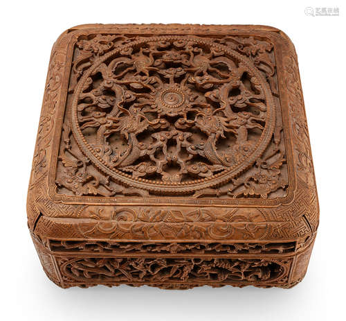 A CARVED WOOD BOX AND COVER WITH DRAGONS IN OPENWORK