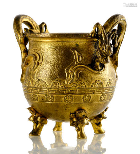 A GILT-BRONZE CENSER WITH CHILONG HANDLES AND LINGZHI FEET