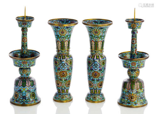 A PAIR OF CLOISONNÉ ENAMEL VASES AND A PAIR OC CANDLE HOLDERS FROM AN ALTAR SET